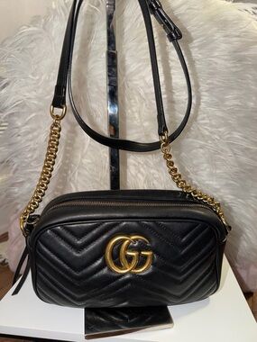 Gucci Black Quilted Leather Camera Bag with Gold Double G